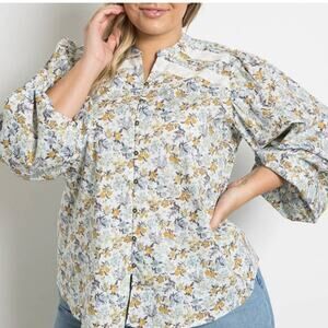 Polagram Then it Did Cotton Button Front Long Sleeve Floral Blouse 1XL